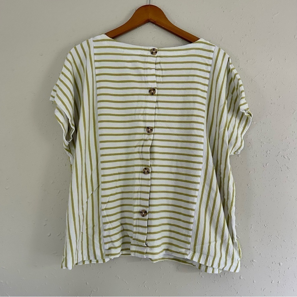 🦋 J. Jill White Green Neon Striped Short Sleeve Blouse XL Button Back Casual - Picture 5 of 7